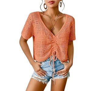 BSUBSEACH CROCHETED TOP OR SWIMSUIT COVERUP TOP CORAL NEW IN BAG